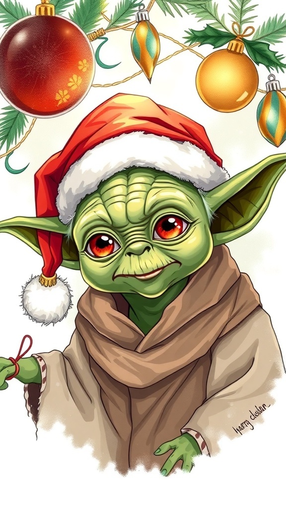 Yoda Christmas Drawing Guide Yoda in a Santa hat with Christmas decorations in a colorful drawing.